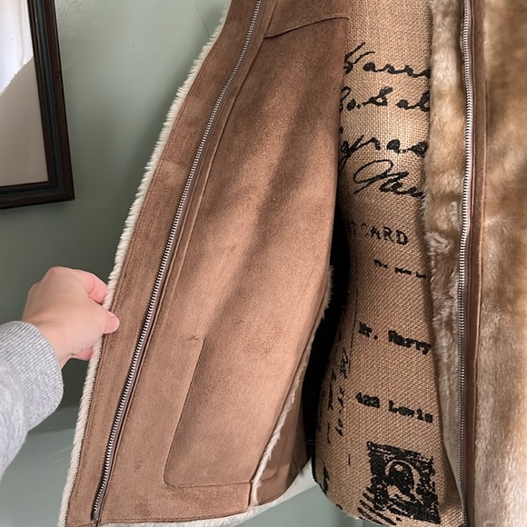 NWT Ann Taylor LOFT Faux Fur Tan Suede Lined Lux Evening Jacket Pockets Large L - Picture 4 of 7